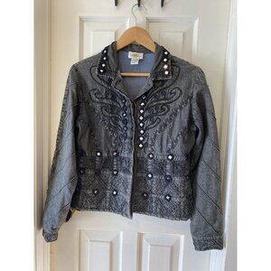 Sandy Starkman Vintage Embellished Patchwork Jacket Black Denim Sz M Artsy Boho